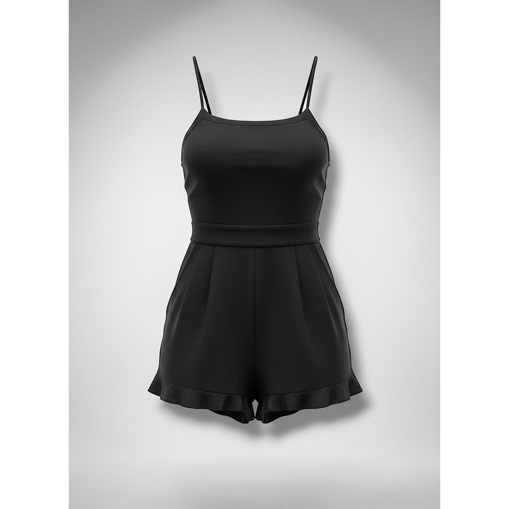 LOFT Petites Black Linen Blend Ruffle Hem Square Neck Romper 8P